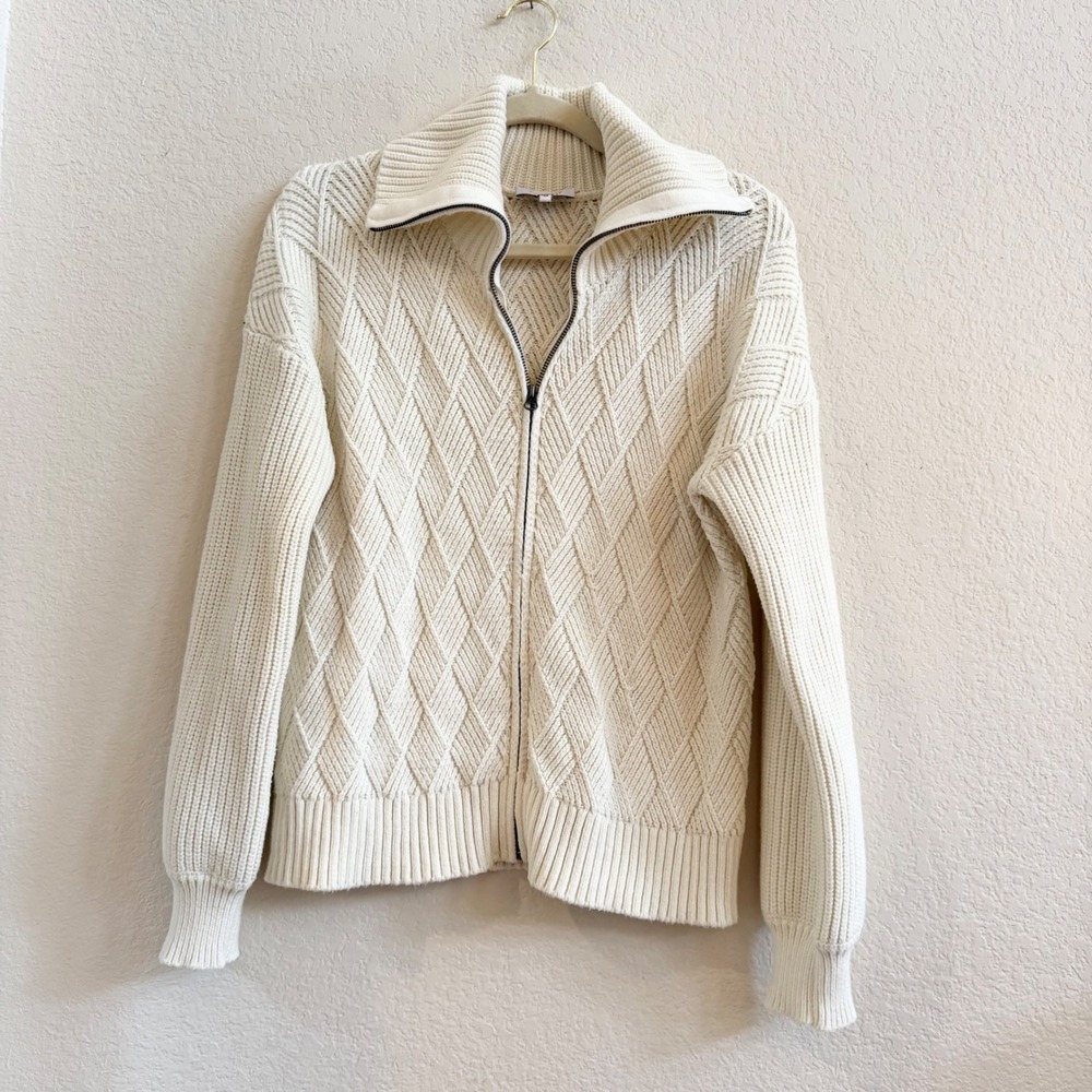 J. Society Cream Diamond Cable Knit Full Zip Cardigan Sweater Womens M Ivory
